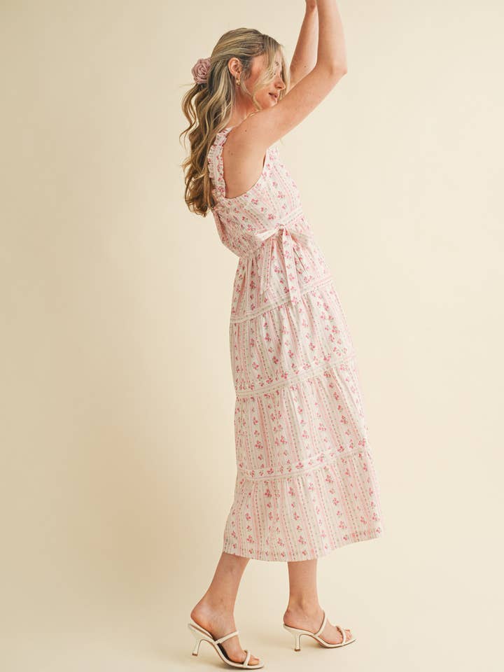 &MERCI - Vente Robe – femme - ROBE MIDI FLORALE À BRETELLES VOLANTÉES AVEC NŒUDS LATÉRAUX À NOUER MDR358612