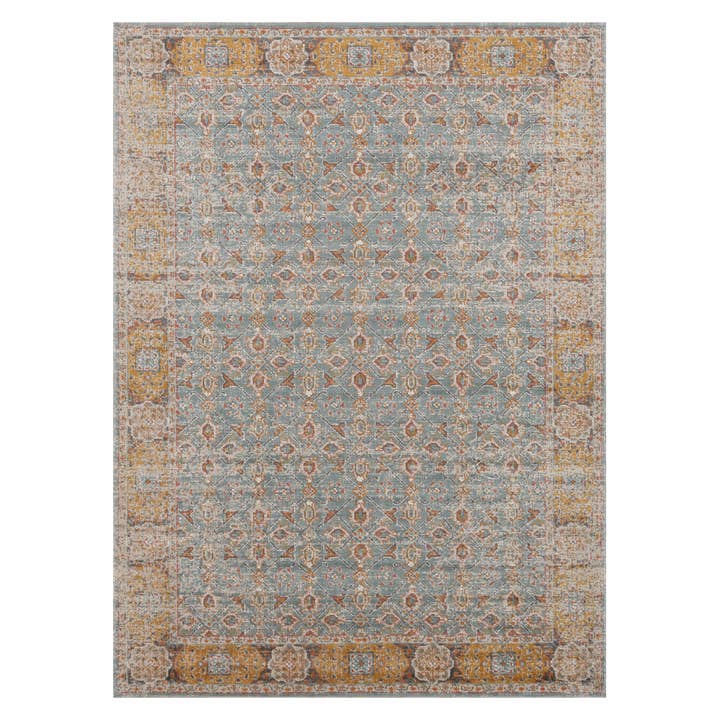 Tapis de zone Éternel Farmhouse Power-Loom Teal/Or, 5'7" X 7'6" pour la vente par Amer Rugs