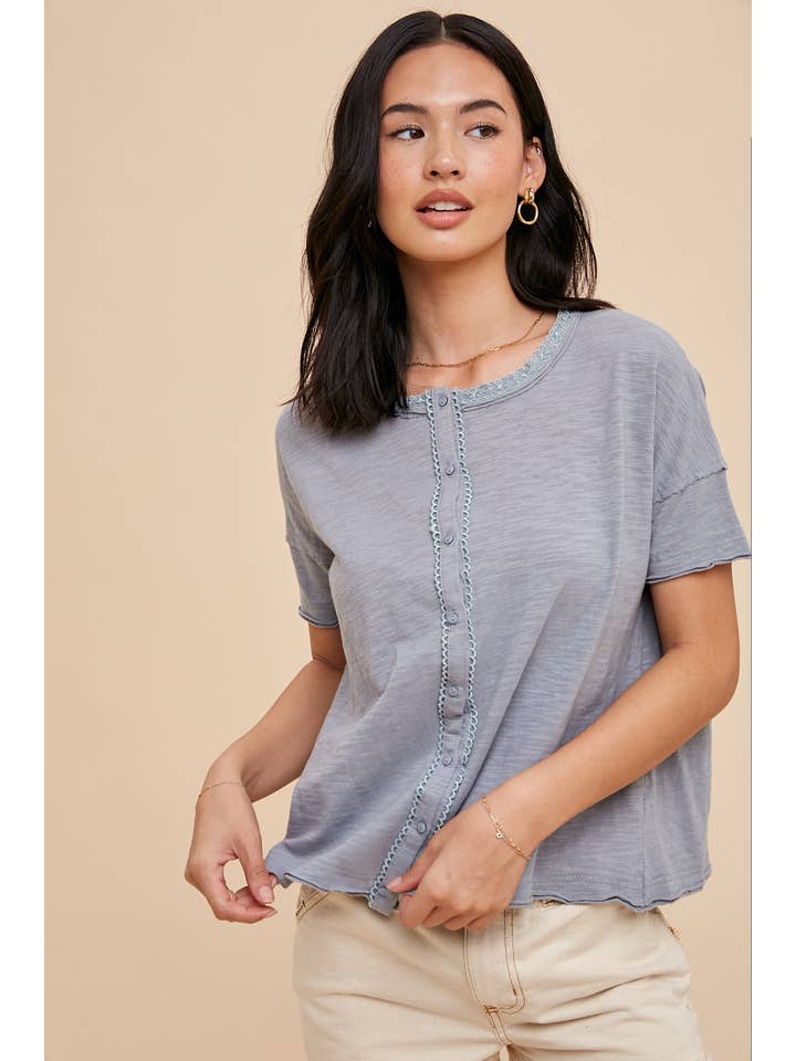 In Loom - Wholesale Button Down Shirt - Women's - GARMENT WASHED BUTTON FRONT LACE TRIM TOP