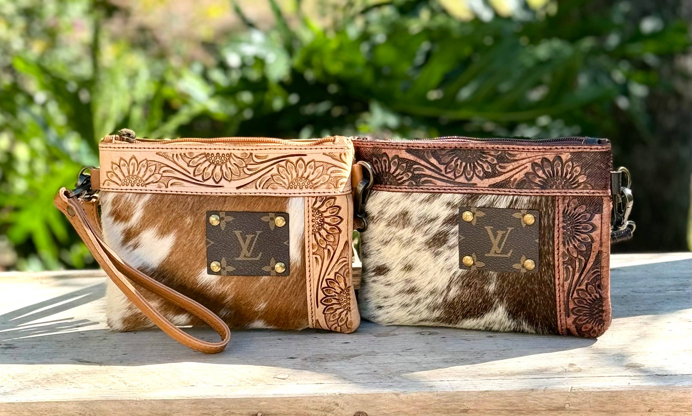 Southern Junkie Gypsy Boutique - Wholesale Crossbody Bag - Women's - Upcycled LV Cowhide Leather Crossbody Wristlet Bag Western 5