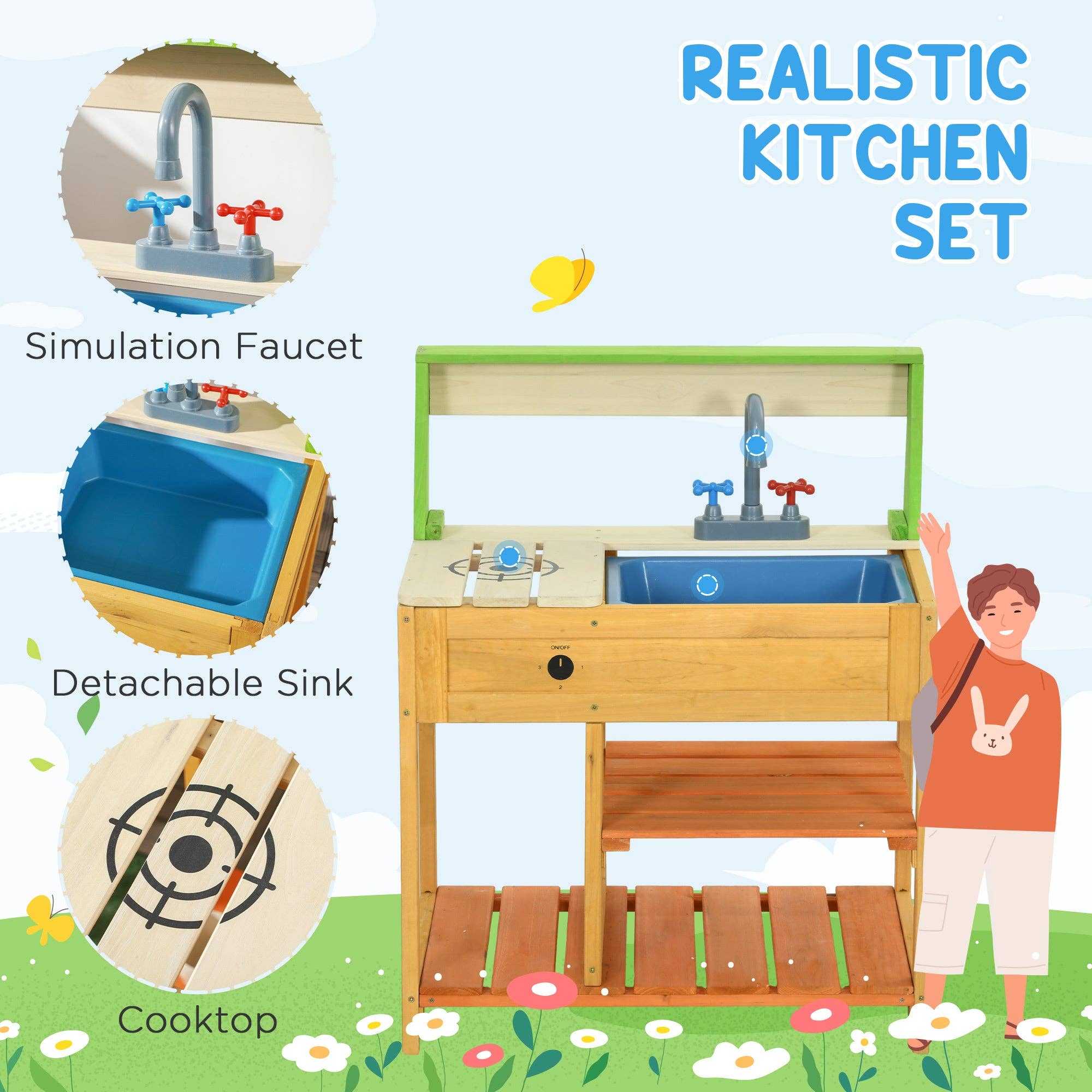 39F Inc. - Wholesale Toy Set - Kids - Wooden Outdoor Mud Kitchen Playset with Sink and Faucet8