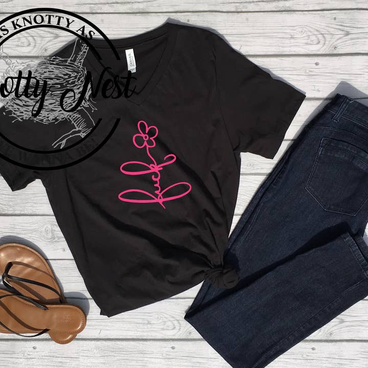 Neon Pink Fuck Flower V Neck T-Shirt for wholesale by Knotty Nest