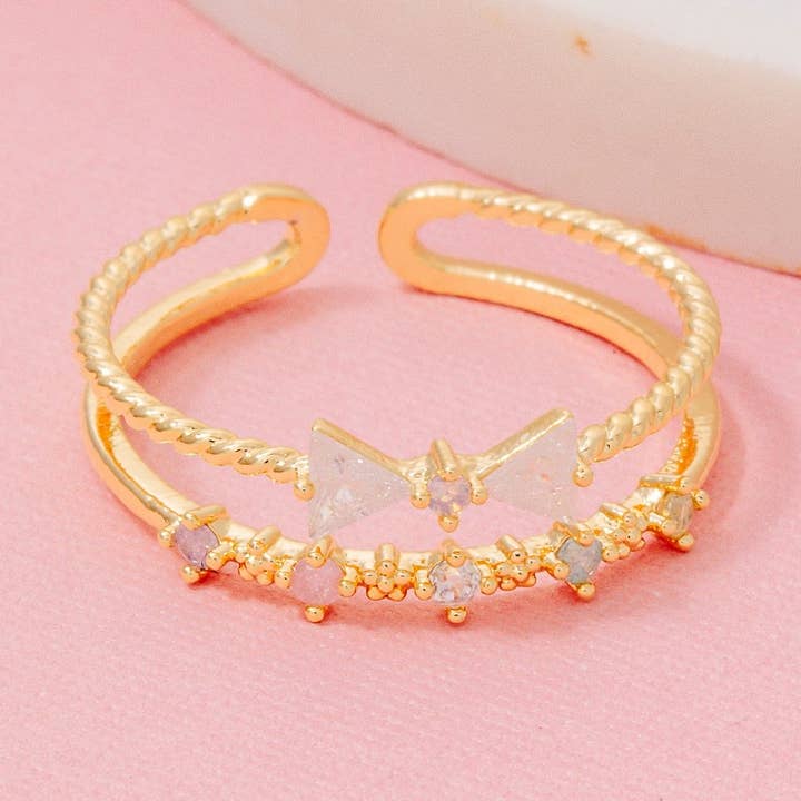 Two Row Rhinestone Bow Ring for wholesale by The Looks by Fame Accessories