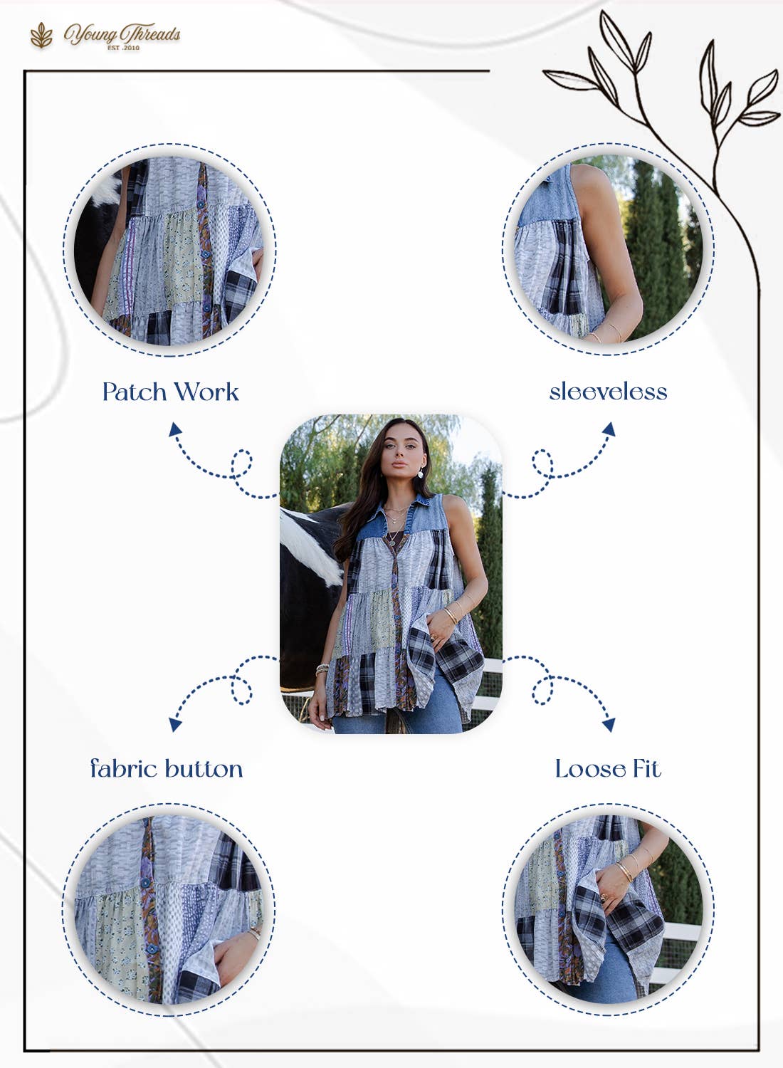 Young Threads - Wholesale Button Down Shirt - Women's - Boho Chic Nomad Patchwork Buttondown Top Sleevel (New Color)46