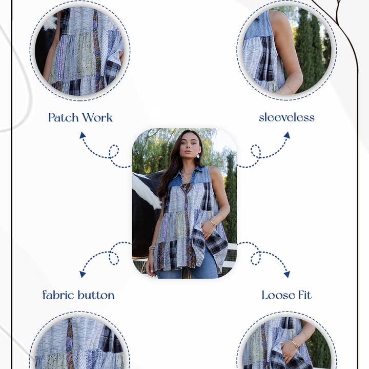 Young Threads - Wholesale Button Down Shirt - Women's - Boho Chic Nomad Patchwork Buttondown Top Sleevel (New Color)46