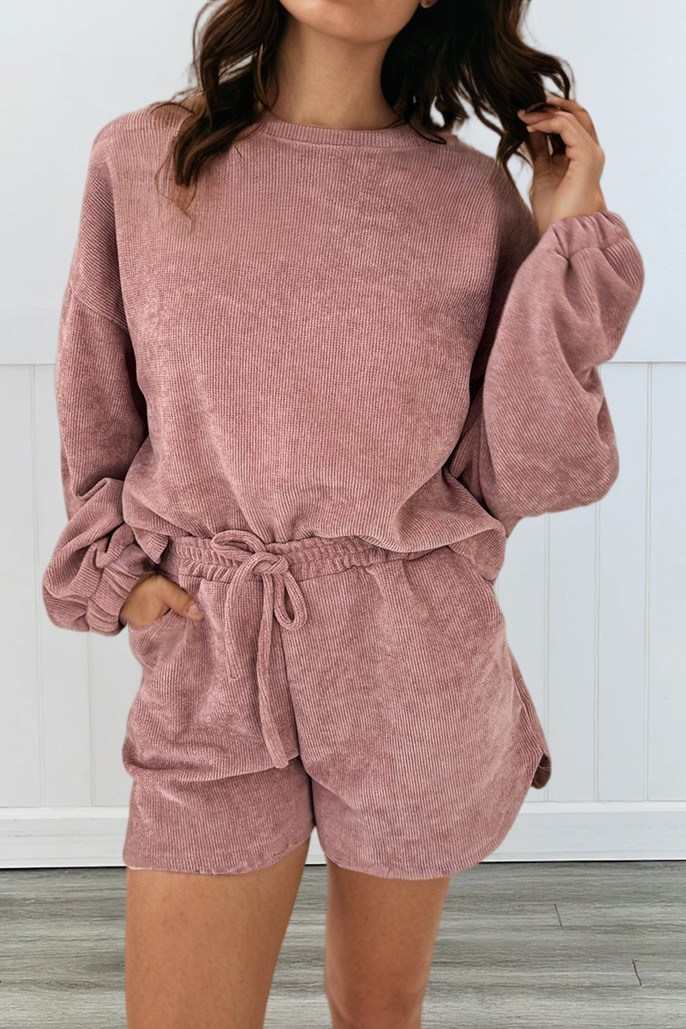 LA Society - Wholesale Lounge Set - Women's - LAS Textured Knit Pullover Drawstring Shorts Sets (S-XL)6