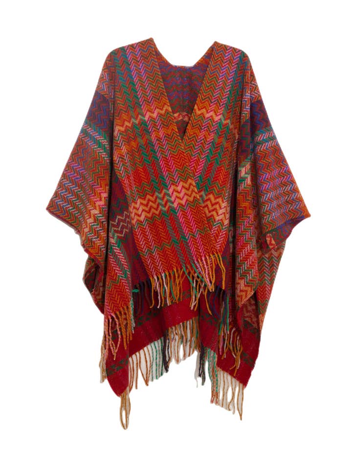 ePretty - Vendita all'ingrosso Poncho - Donna - Involucro in maglia con stampa a chevron multicolore con nappine Z1-PJP12