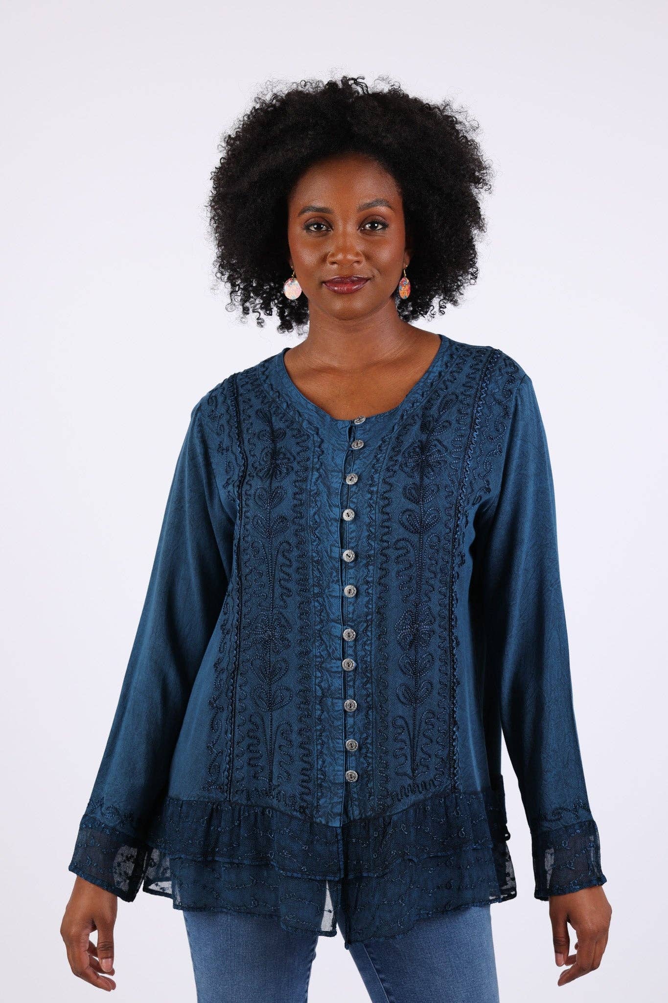 Sacred Threads - Wholesale Button Down Shirt - Women's - Vintage Fall Boho Stonewashed Top: Embroidered Shirt2