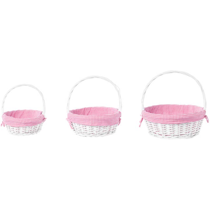 Quickway Imports - Wholesale Basket - White Round Willow Gift Basket, with Gingham Liner & Handle