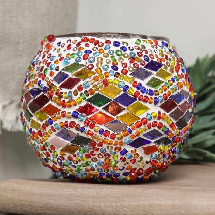Mosaic Handmade Candle Holder (Multicolor Waves) for wholesale by Natures Artifacts Inc