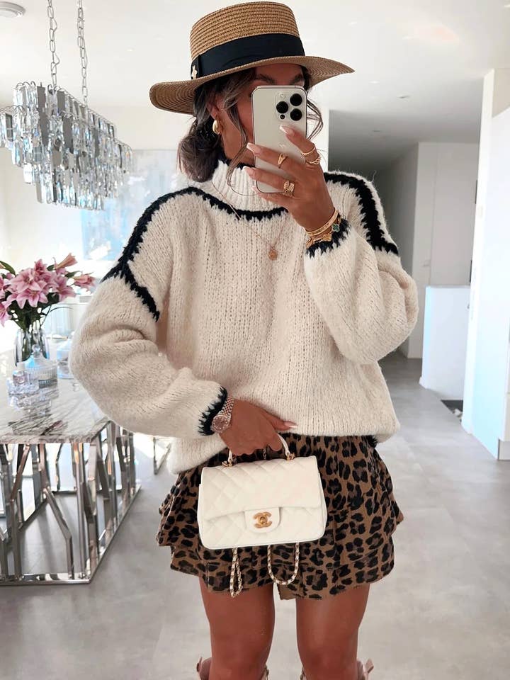 Slouchy Cozy Contrast Stitch Turtleneck Sweater for wholesale by Rosa Clothing