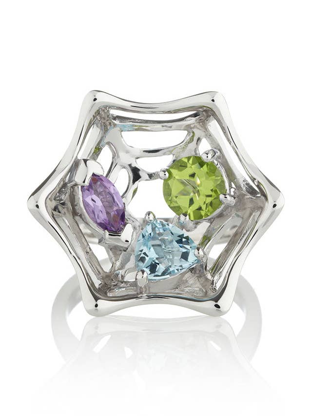 Anel de prata Anansi com ametista, peridoto e topázio azul por atacado de Manja