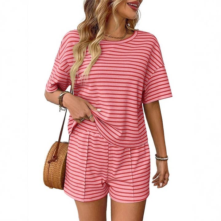 Knitted Striped Short Sleeve Shorts Set for wholesale by OceanusSwim