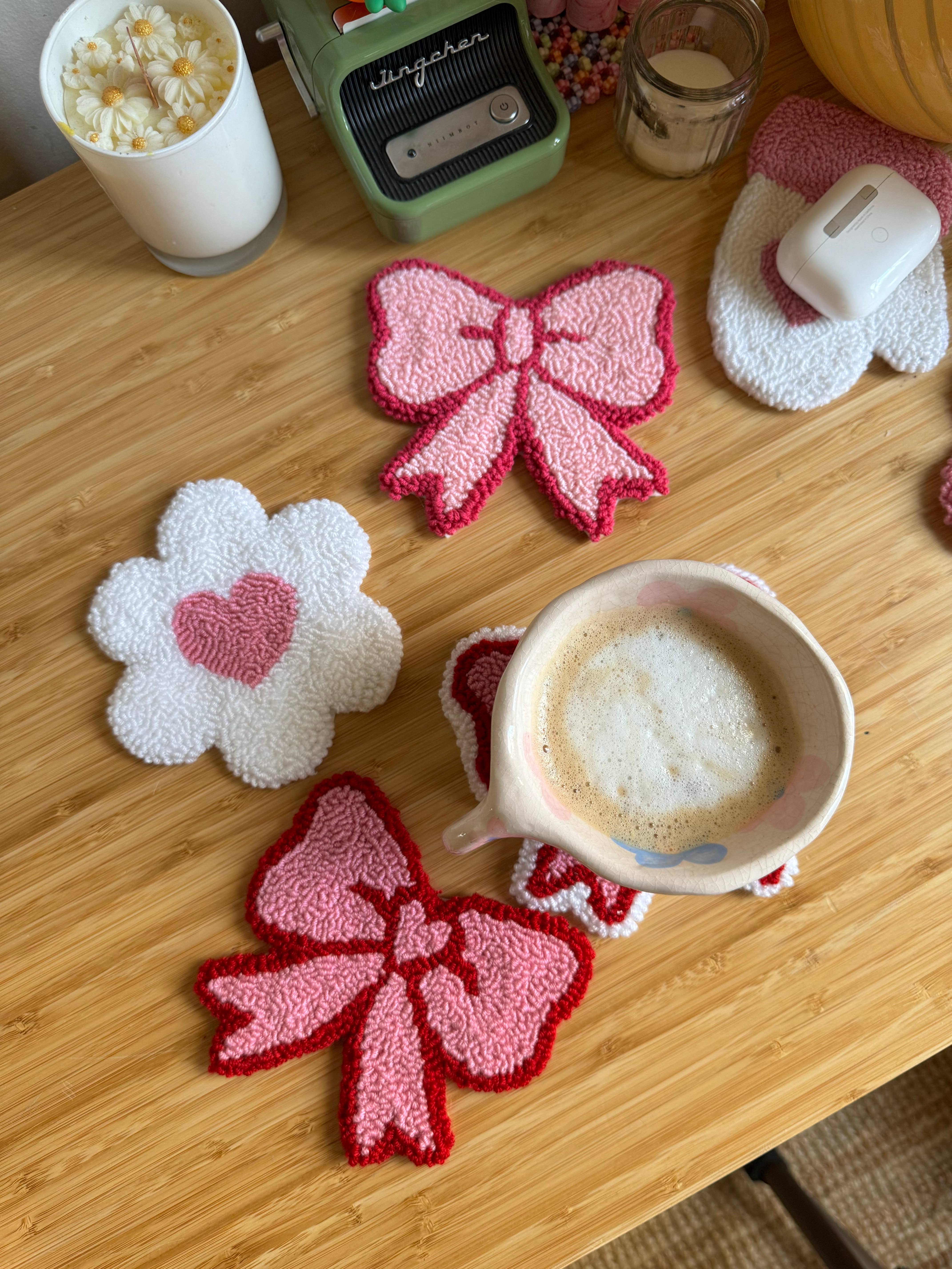 MUUDLAND - Wholesale Coasters - Pink Bows Coasters,Tufted Mug Rug Punch Needle Coaster6