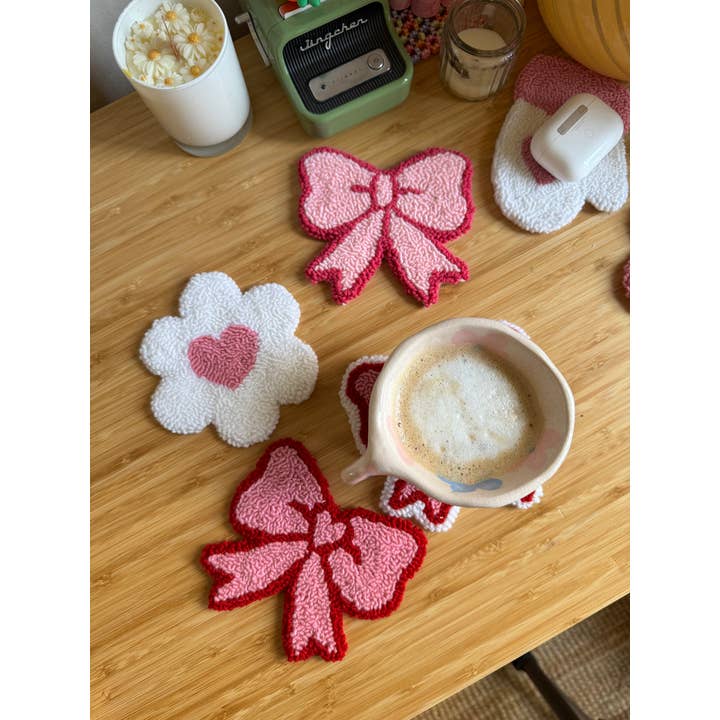 MUUDLAND - Wholesale Coasters - Pink Bows Coasters,Tufted Mug Rug Punch Needle Coaster6