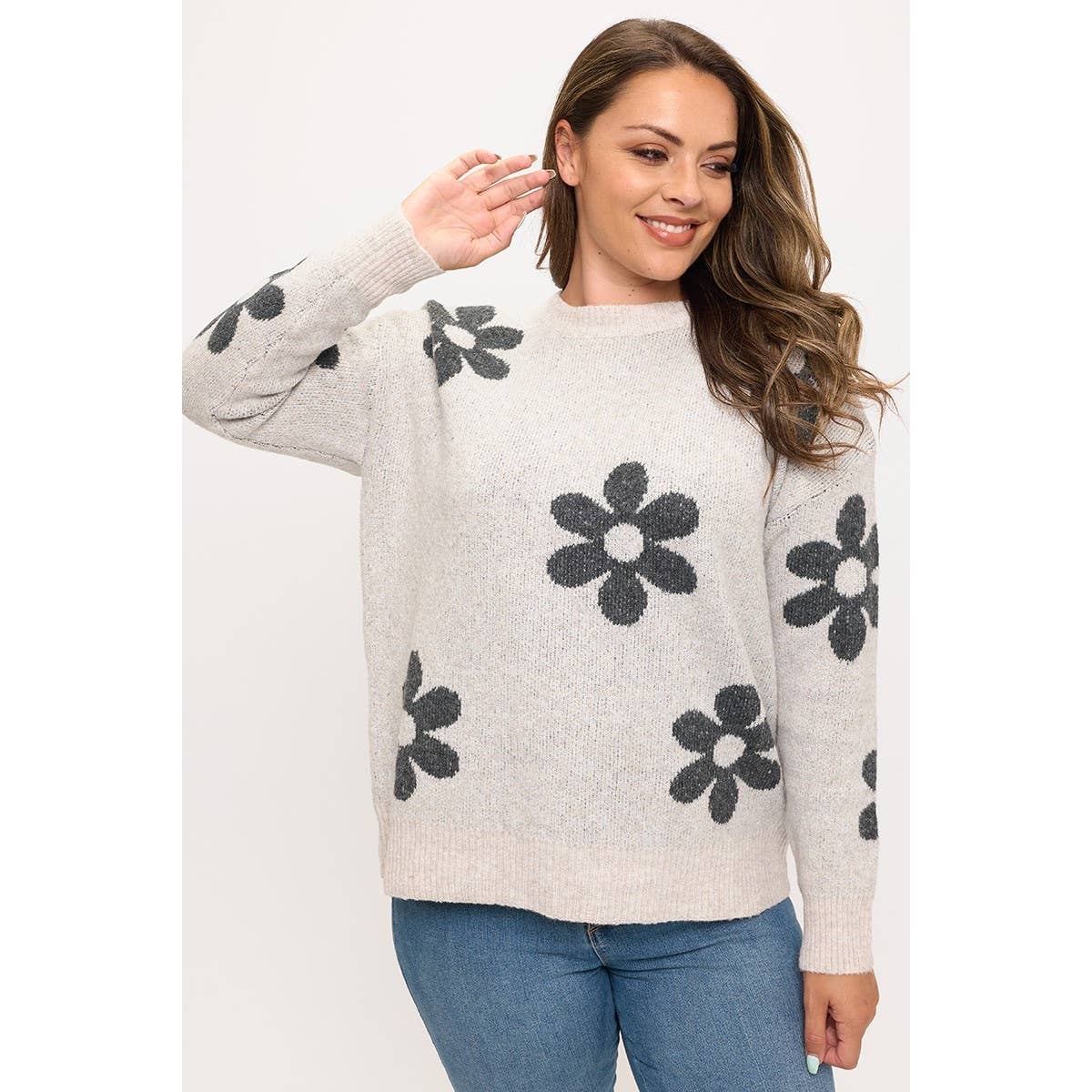 Curve Market - Wholesale Knit Sweater - Women's - PLUS SIZE FLORAL PATTERN CREWNECK SWEATER TOP0
