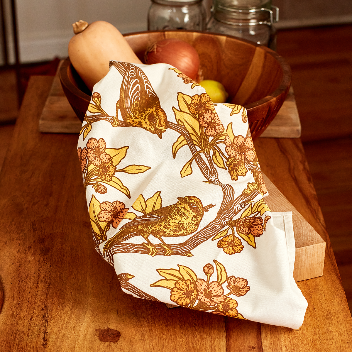 Mustard Beetle - Wholesale Tea Towel - Tea Towel: Palm Warbler & Plum Blossoms1