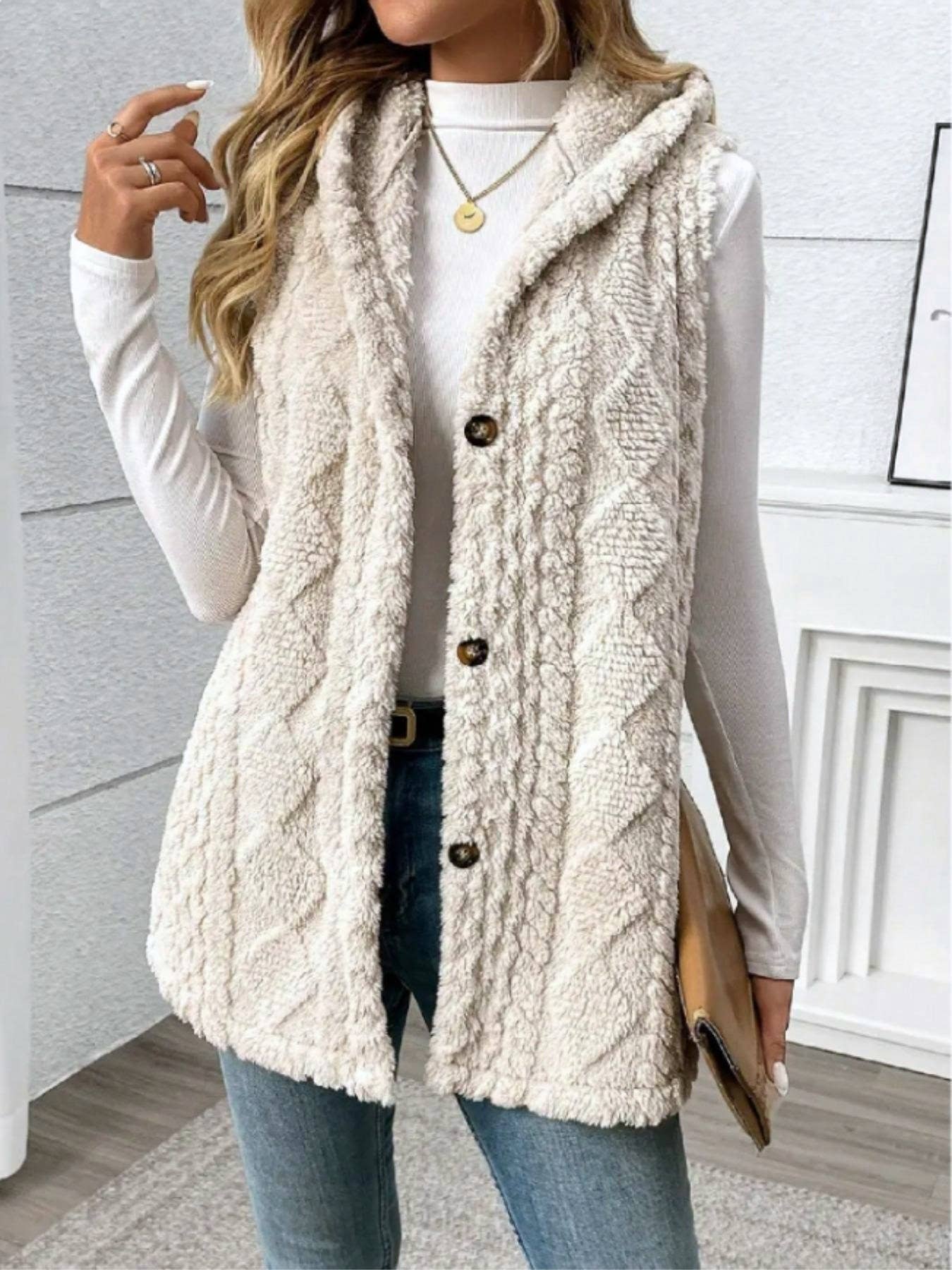 Rosa Clothing - Wholesale Outerwear Vest - Women's - Textured Leisure Double-Sided Plush Hooded Vest9