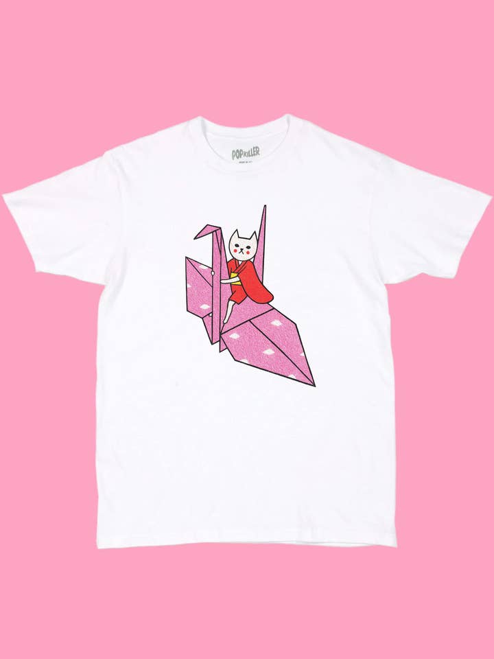 Série d'artistes Popkiller Naoshi T-shirt classique Grue en papier volante pour la vente par Popkiller