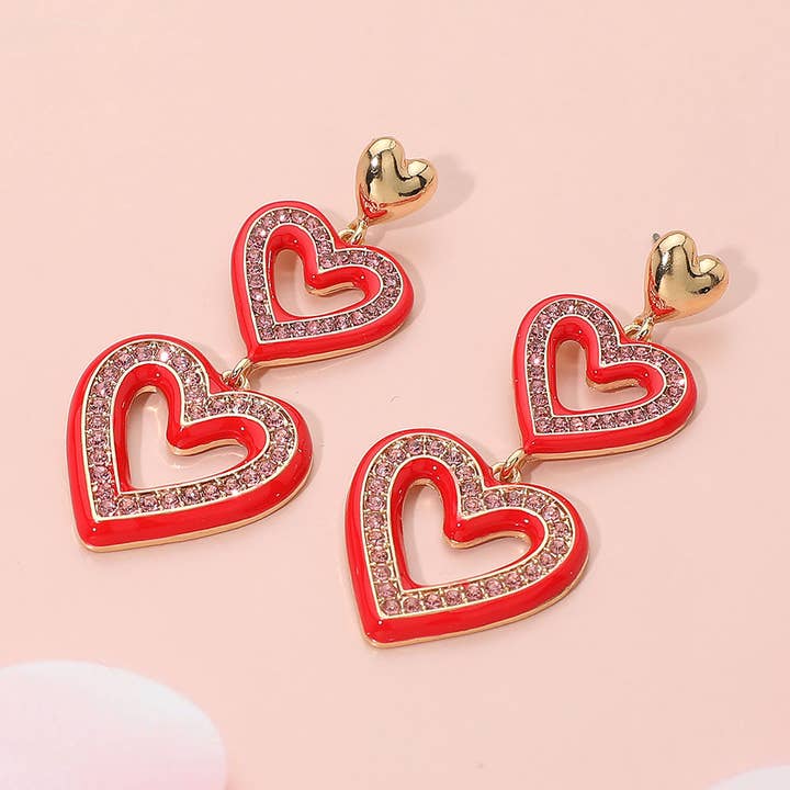 Sensibling Corp. - Wholesale Dangle Earrings - Rhinestone Paved Enamel Open Double Heart Link Drop Earrings2