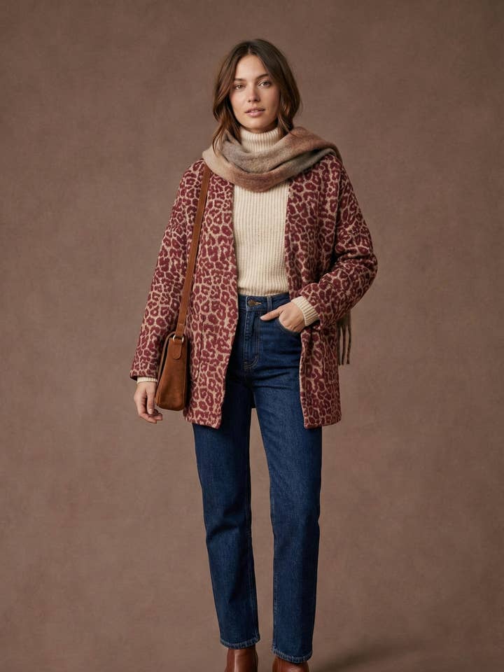 Leopard print jacket in thick knit PV2554 for wholesale by Pépouz' Paris