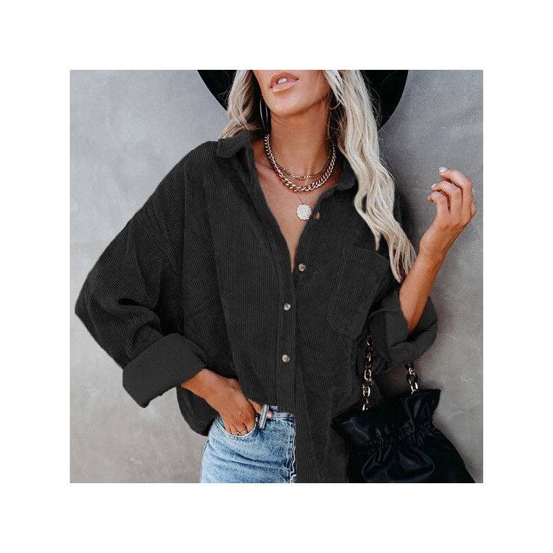 FurDecoration - Wholesale Jacket - Women's - Corduroy Lapel Jacket - Solid Color Casual Outerwear0