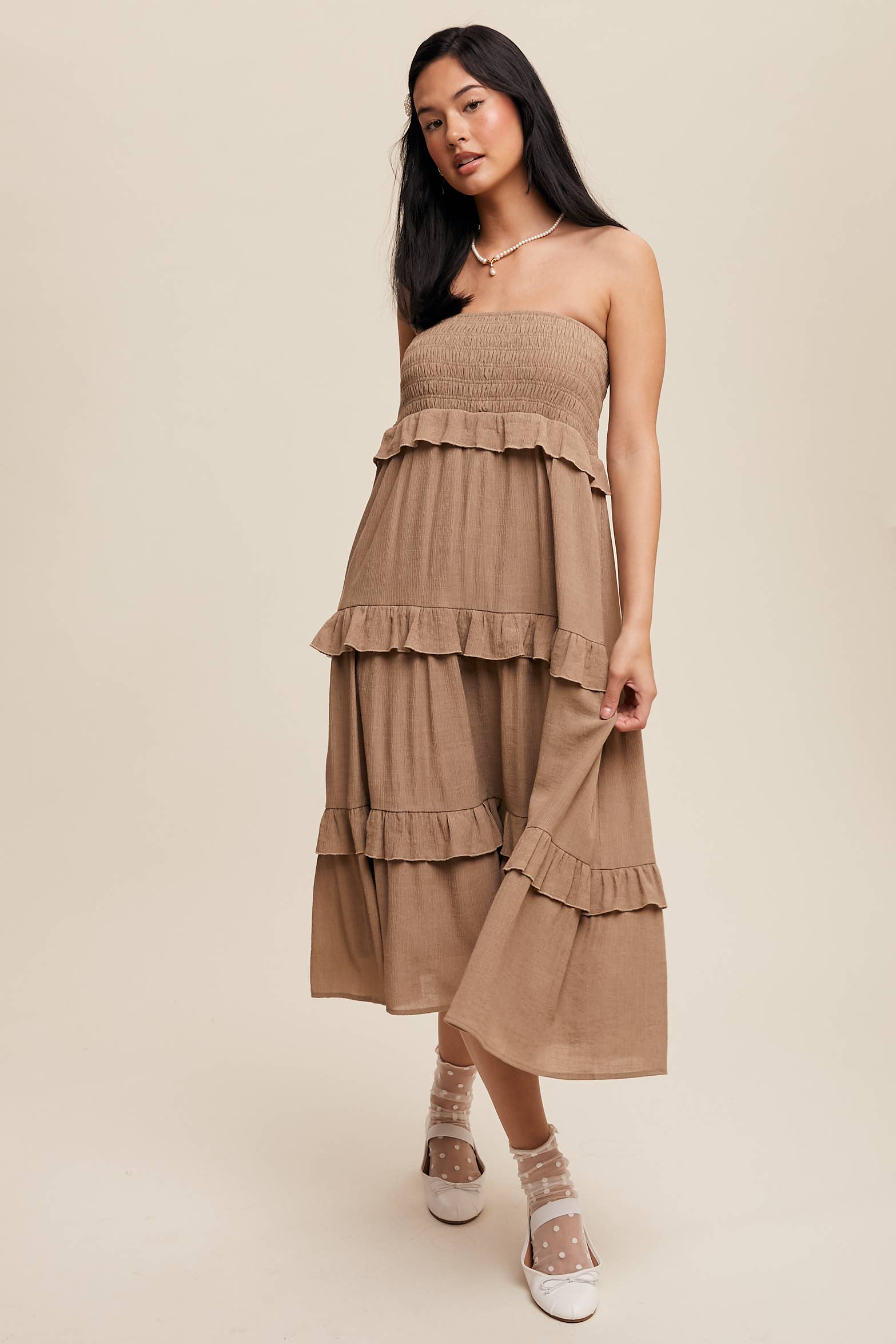 Listicle - Wholesale Skirt - Women's - 2-Way Smocked Ruffle Tiered Midi Dress or Skirt7