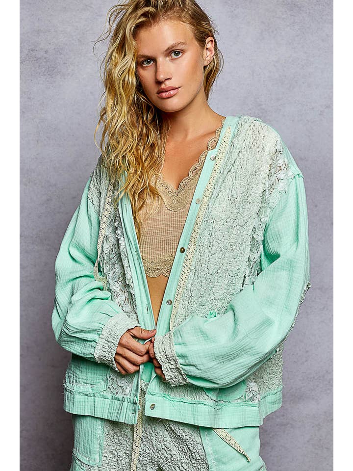 Pol Clothing - Wholesale Jacket - Women's - Balloon Sleeves Lace Solid Knit Hoodie Jacket SALE19