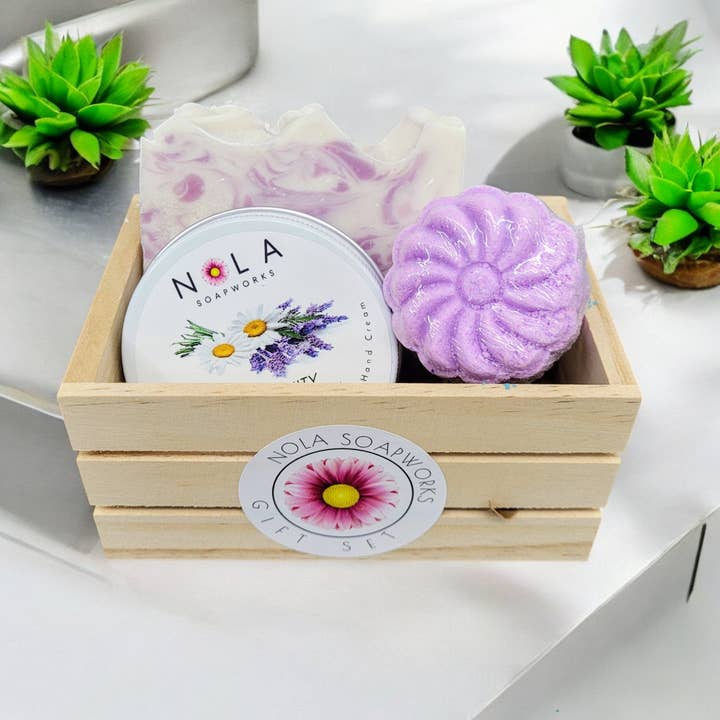Essentially NOLA Soap Works - Wholesale Soap Set - NOLA SoapWorks Gift Crate - Soap + Candle + Bath Bomb