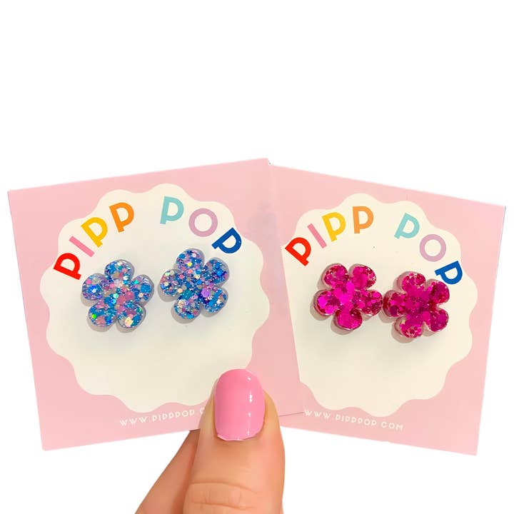 Glitter Flower Studs - 10 Styles Available for wholesale by Pipp Pop