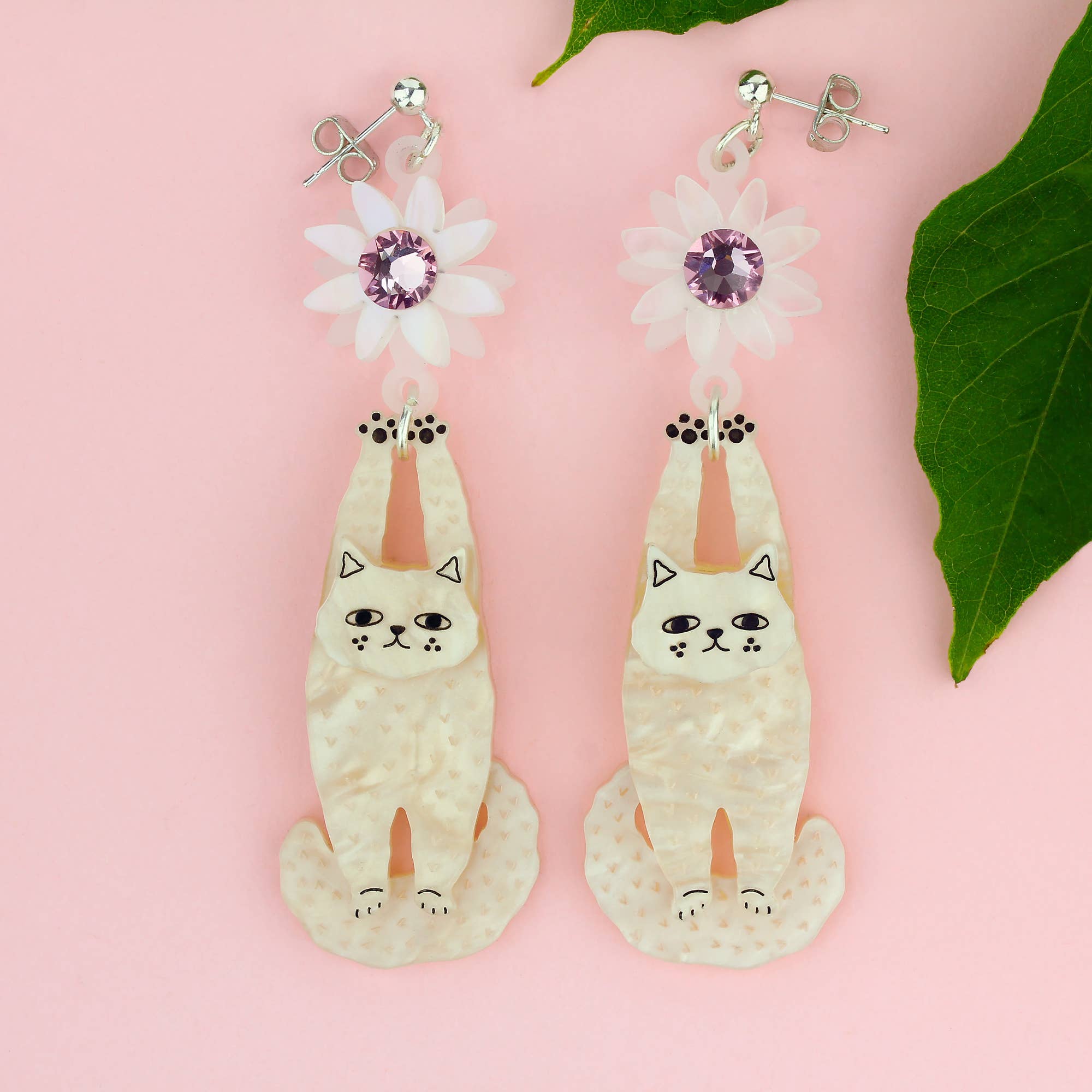 Cream Cat Earrings for wholesale by Little Moose