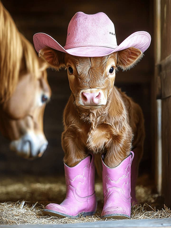 Calf Cowgirl in Barn - Anthropomorphic Wall Art Prints – 8″x10″ Artwork for 11″x14″ Frame for wholesale by Mowbi