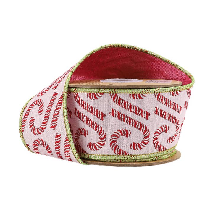 2 1/2" Wired Jacquard Ribbon | Candy Cane on Pink w/ Dupioni Back | 5 Yard Roll
for wholesale by LA Ribbons Wholesale