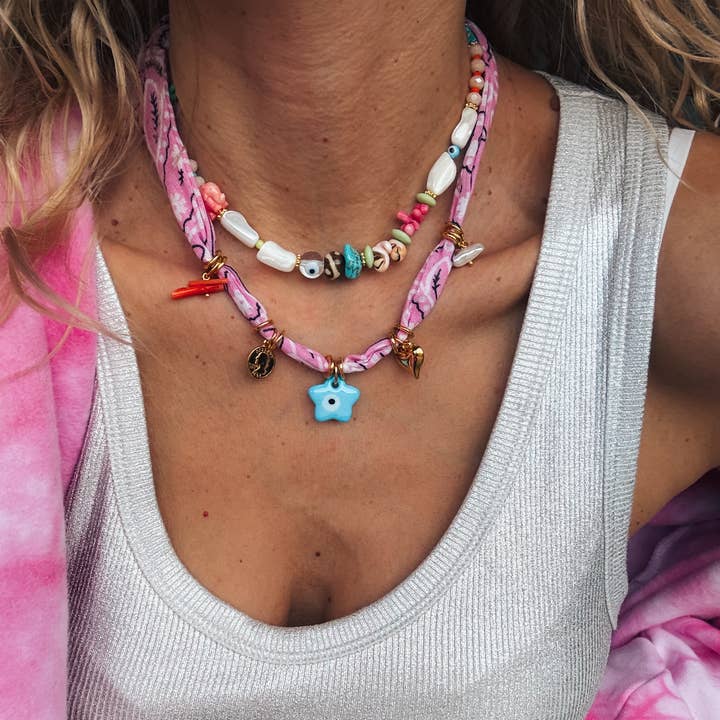 Goupi - Wholesale Pendant/Charm Necklace - Bohemian pink bandana scarf and colorful beaded necklaces