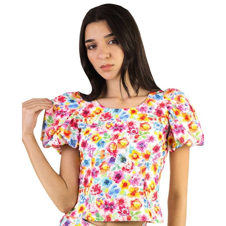 Artyska Women's Floral Balloon Sleeve Round Neck Crop Top for wholesale by Artyska