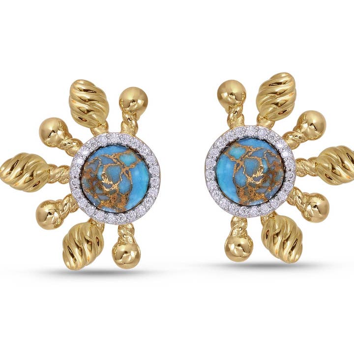 Sun-Day Turquoise & Diamond Half Sun Stud Earrings in 14K Yellow Gold Plated Sterling Silver for wholesale by LuvMyJewelry (LMJ)
