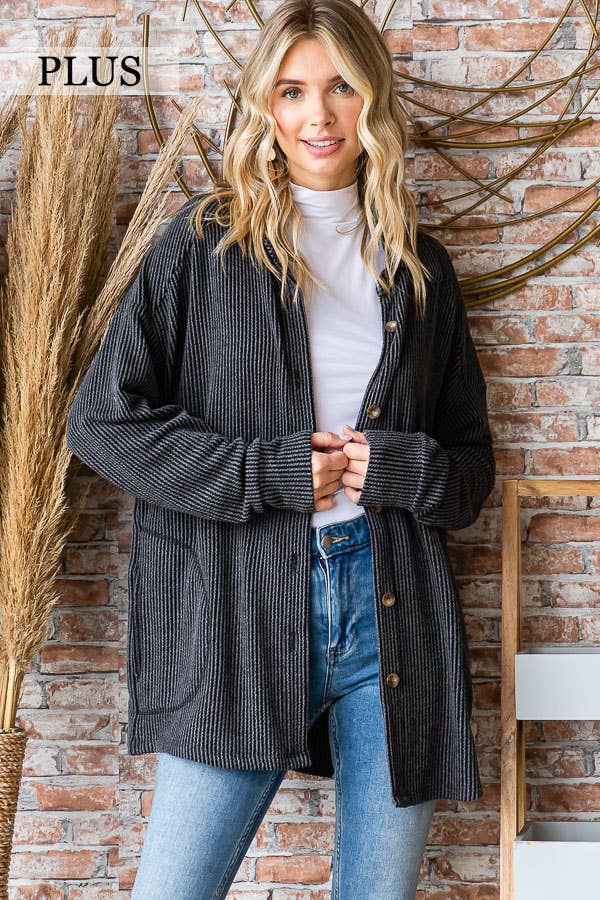 7th Ray - Wholesale Shirt Jacket/Shacket - Women's - [PLUS SIZE] Rib Button Down Side Pocket ShacketT5256XL3