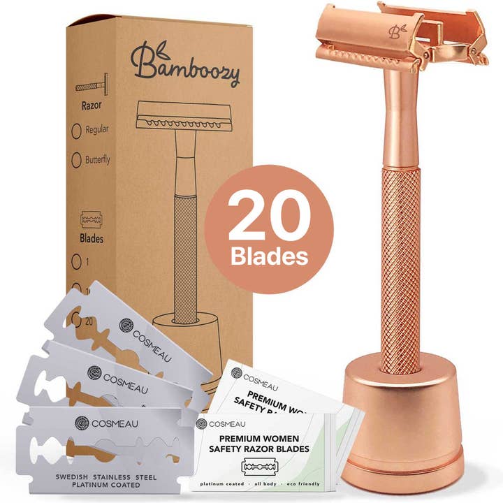 Bamboozy x Cosmeau – wholesale Razor – Safety Razor Butterfly with Stand · 20x Platinum blades