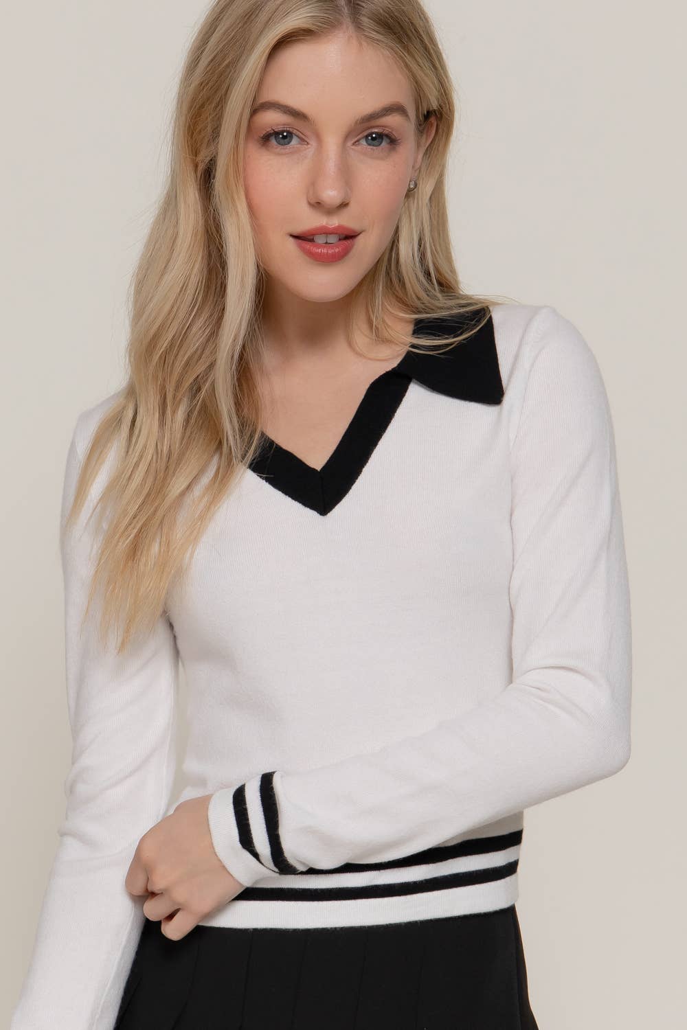 Active Basic | Active USA - Wholesale Knit Sweater - Women's - Long Sleeve Stripe Polo Sweater11