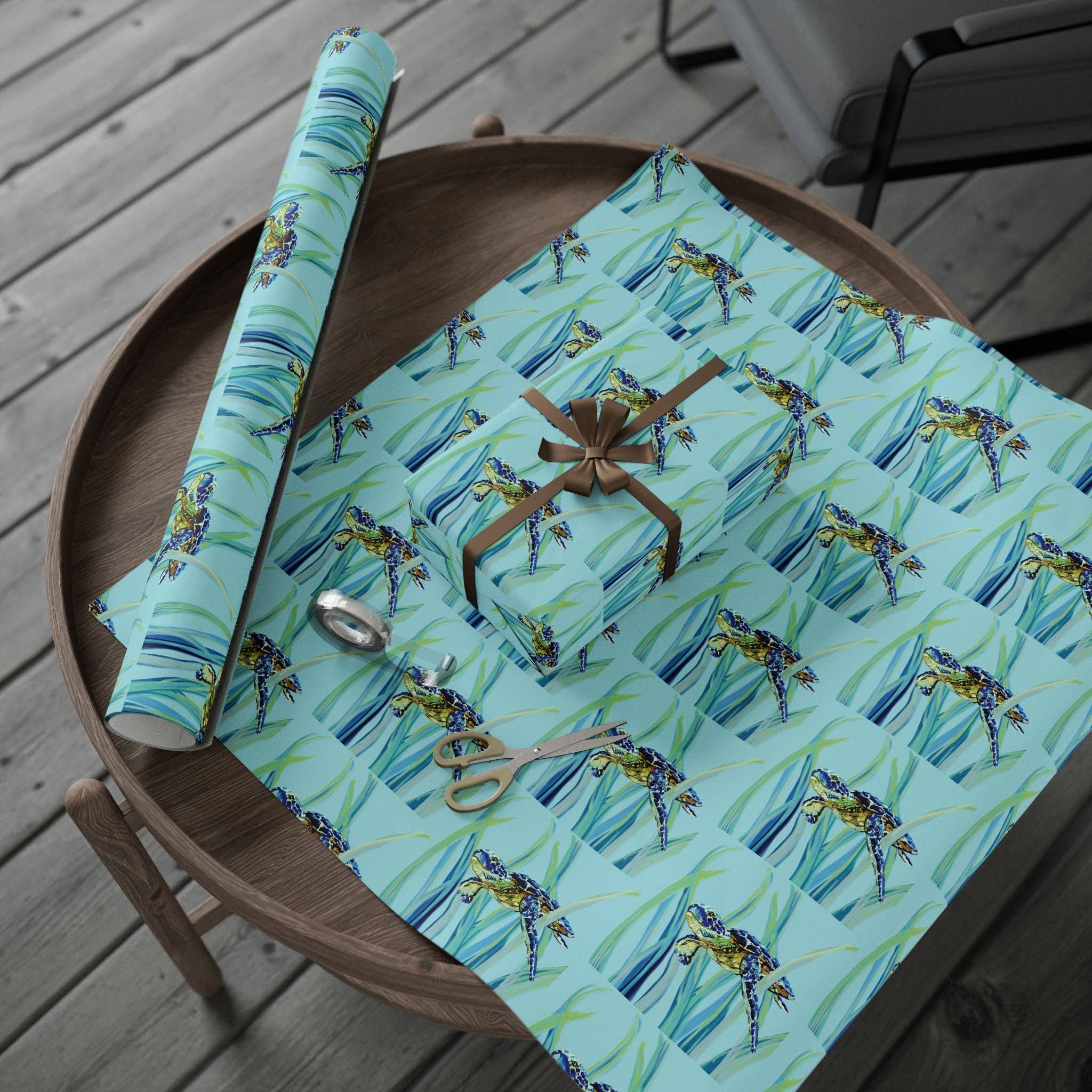 Blue Cava - Wholesale Flat Wrap - Swimming Sea Turtle Wrapping Paper17