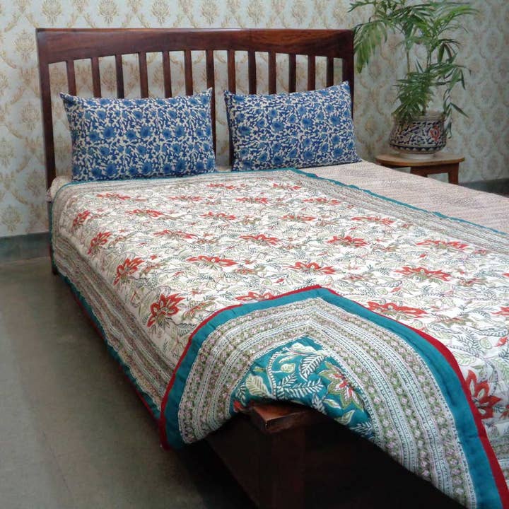 Ayras World - Wholesale Quilt - Bossanova Green Hand Quilted Reversible Block Print Quilt3