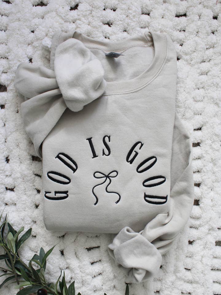 God is Good Bow Embroidered Sweatshirt -- Faith Based for wholesale by The Southern Post