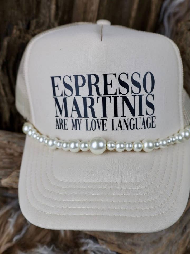 TRUCKER CAP Espresso Martinis are My Love Language Tan for wholesale by Keep it Gypsy