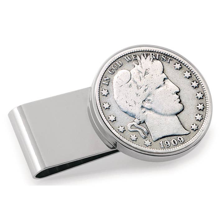 Barber Half Dollar Stainless Steel Silvertone Money Clip for wholesale by American Coin Treasures