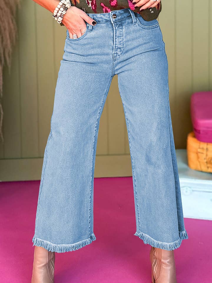 Acid Washed High Rise Cropped Wide Leg Jeans for wholesale by Lovesoft