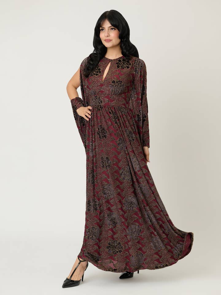 Unik Vintage Vinröd Blommig Sammet Fladderärm Kaftan för wholesale av Unique Vintage