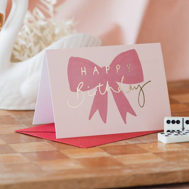 'Happy Birthday' Gold Foil Red Bow Card for wholesale by Oh Squirrel