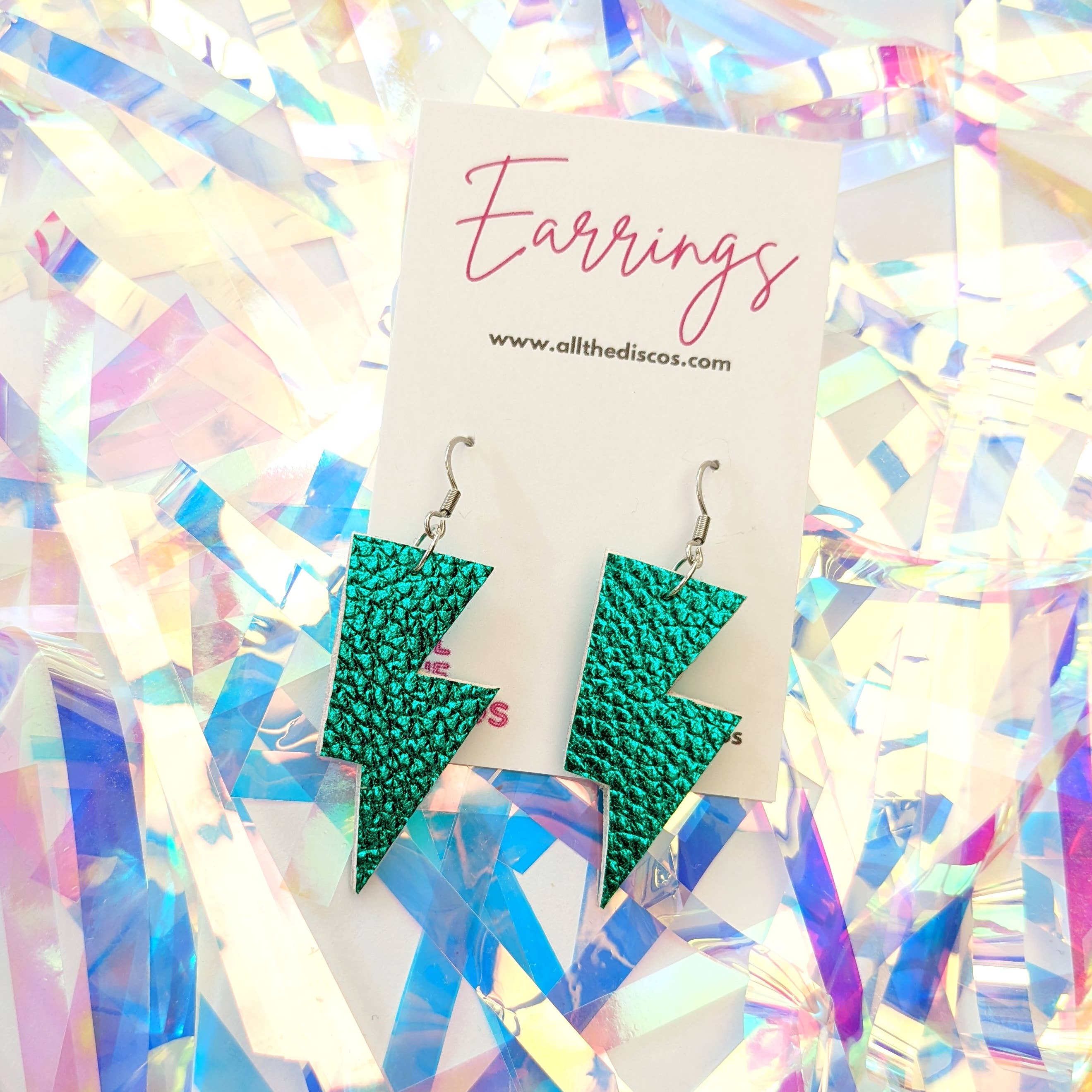 All The Discos – wholesale Dangle earrings – Small Teal Green Metallic Lightning Bolt Dangle Earrings