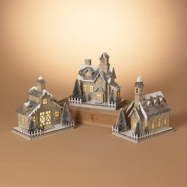 The Gerson Companies - Wholesale Christmas Decoration - Promos Holiday 11.5"H B/O Lighted Paper House w/ Trees, 3 As