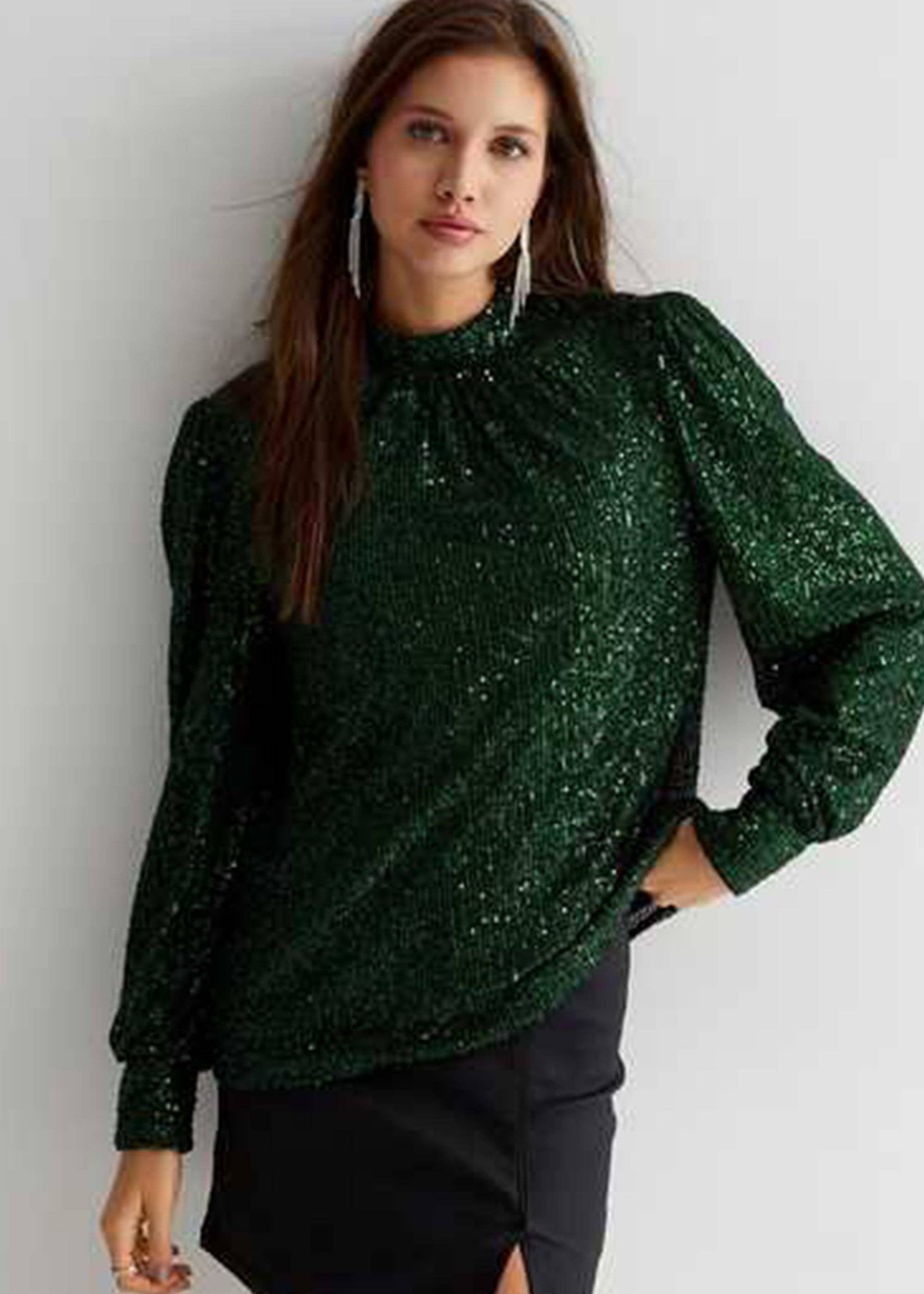 Green Sequin High Neck Loosefit Blouse for wholesale on Faire0